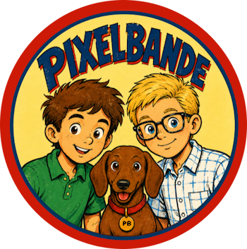 Logo der Pixelbande mit zwei freundlichen Jungen und einem braunen Dackel in einem runden roten Rahmen